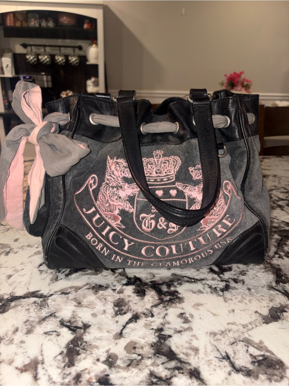 Juicy Couture Grey & Pink Scottie Daydreamer Velour Shoulder Bag Vintage Y2K